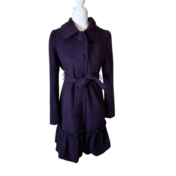 BANANA USA Fur Collar Purple Lined Coat Jacket w Ruffle Tie Belt Size Large - Picture 9 of 16